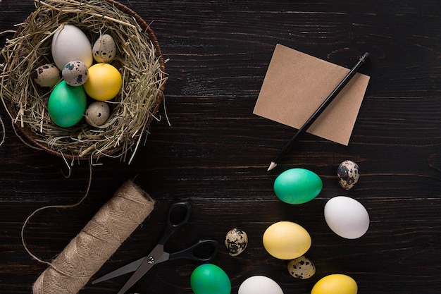 Colorful easter egg in nest on dark wood board