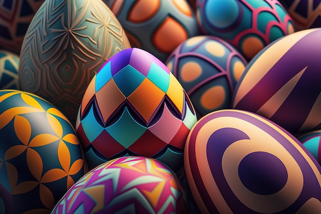 다채로운 부활절 달걀 패턴 및 배경입니다. 3D 그림입니다. 빈티지 스타일.