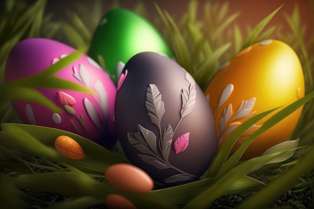 A colorful easter egg sits in a nest with the word easter on it.