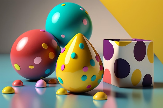 A colorful easter egg sits on a table next to a cup of coffee.