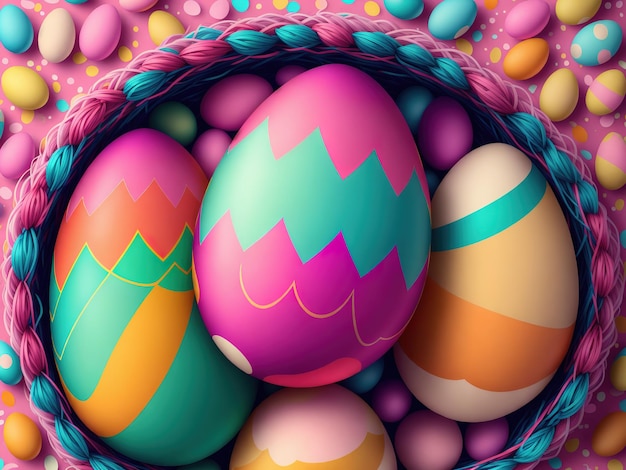 A colorful easter egg with a basket of eggs on it