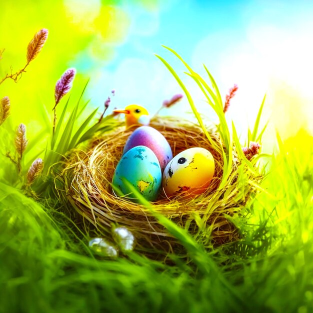 A colorful easter egg with a bird in it sits in a nest