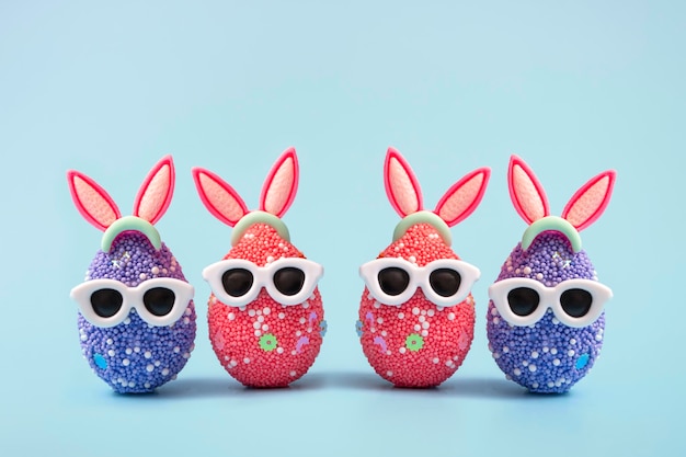 Colorful Easter egg with bunny ears and sunglasses on a blue background. Sale banner, mockup template. With copy space