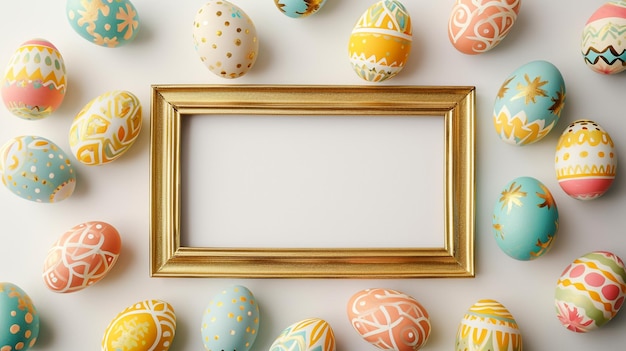 Colorful easter egg with empty golden frame on White background