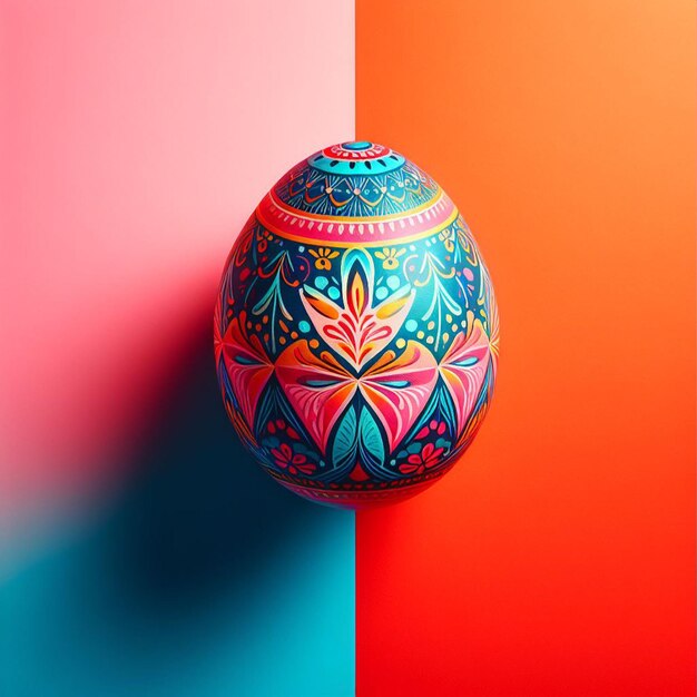 Colorful Easter egg with floral pattern on colorful background