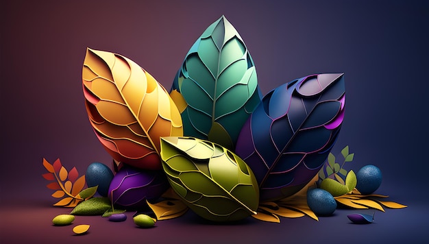 A colorful easter egg with leaves on a purple background.