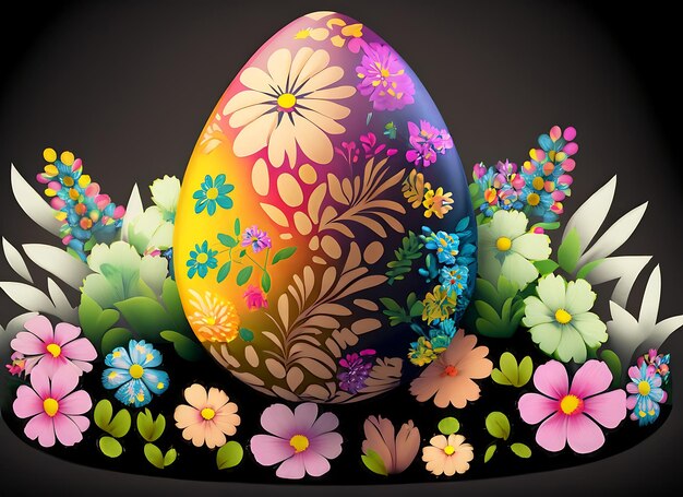 Colorful easter egg with spring flowers on a black background