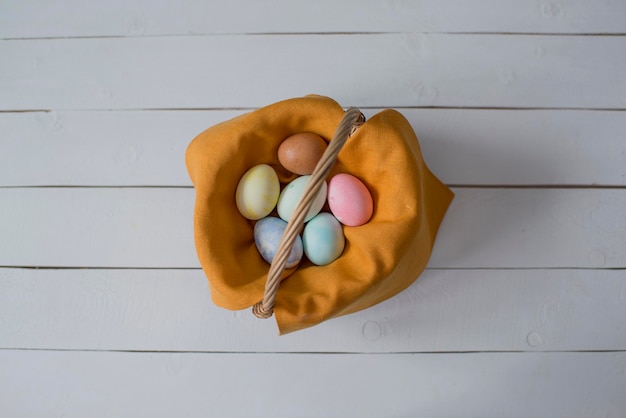 Colorful Easter eggs are in the basket