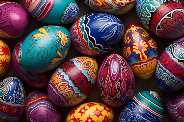 colorful easter eggs are displayed on a shelf.