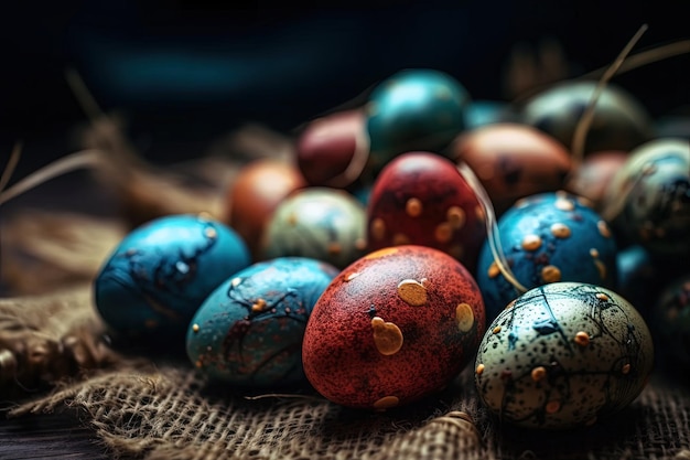 Colorful Easter eggs arranged on a table Generative AI