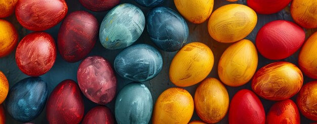 Colorful easter eggs background Top view Happy Easter concept