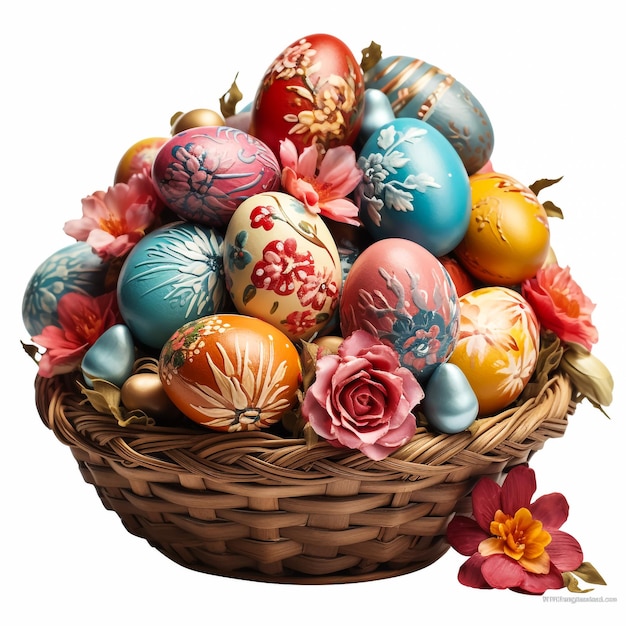 Красочные пасхальные яйца в корзине среди цветов крокуса Празднование Пасхи на открытом воздухе