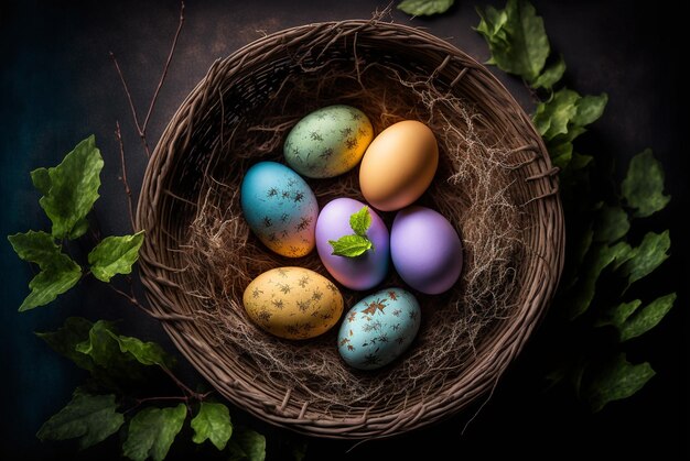 colorful Easter eggs in a basket, generative ai