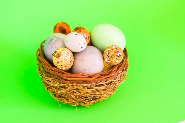 Colorful Easter eggs in a basket on green soft background.