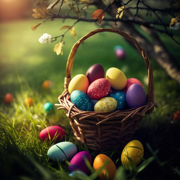 Colorful easter eggs in Basket happy easter