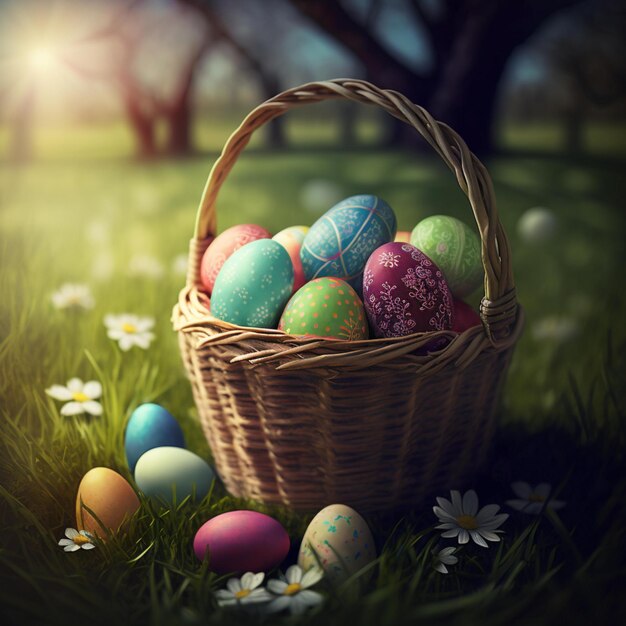 Colorful easter eggs in Basket happy easter