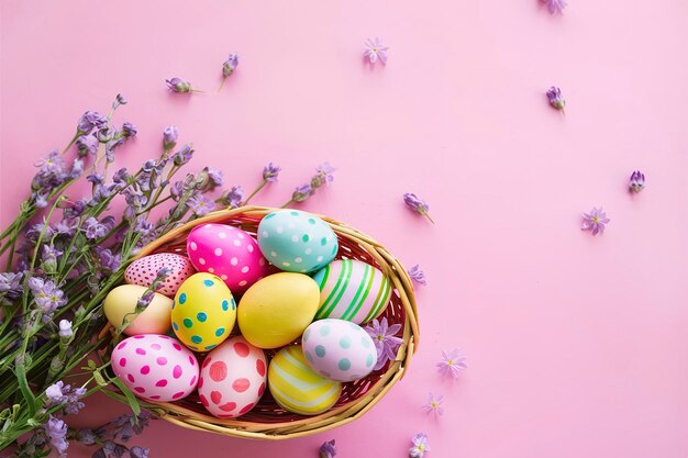 colorful Easter eggs in a basket on a pink background with lavender flowers