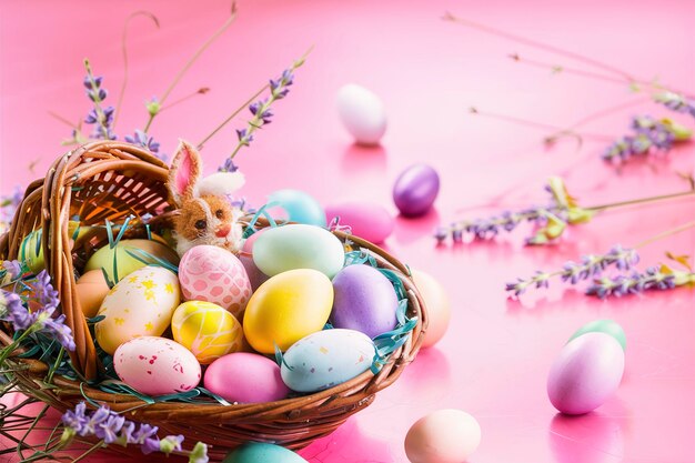 colorful Easter eggs in a basket on a pink background with lavender flowers