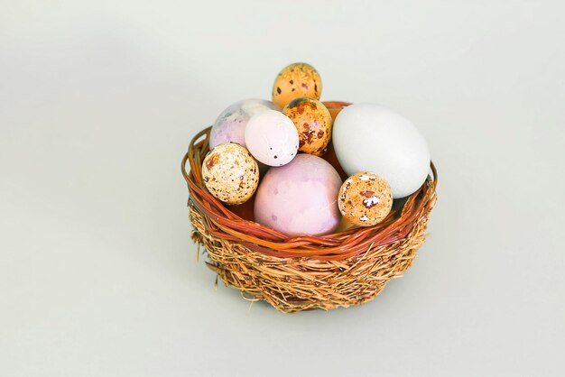 Colorful Easter eggs in a basket on soft green background