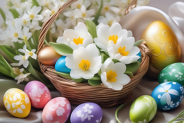 Foto uova di pasqua colorate nel cesto e fiori primaverili cartolina di pasqua con tulipani e uova dipinte in un cesto sul tavolo