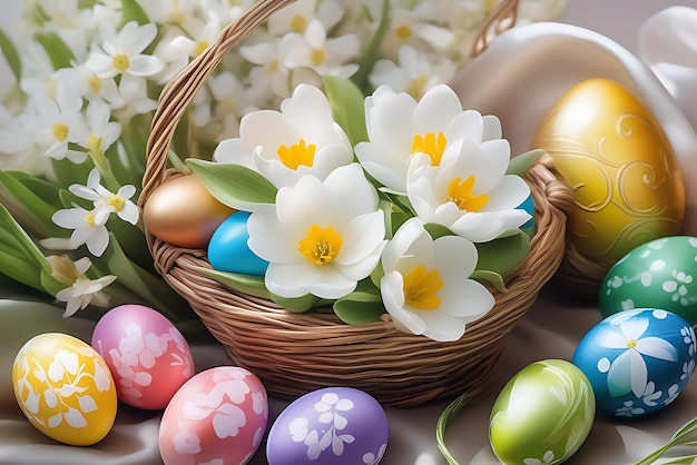 Photo colorful easter eggs in basket and spring flowers easter postcard with tulips and painted eggs in a basket on table