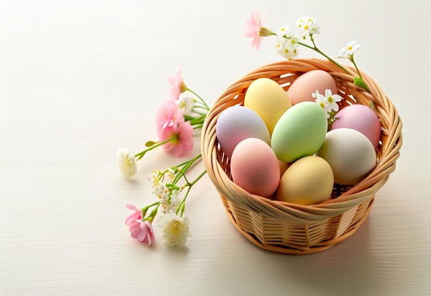 Colorful easter eggs in basket with cherry blossom flowers around Colorful Easter Eggs in Basket wi