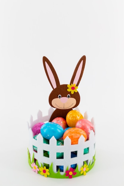 Colorful Easter eggs in a basket with an Easter bunny