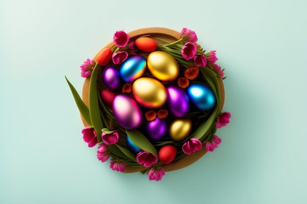 Colorful easter eggs in basket with tulips on blue background