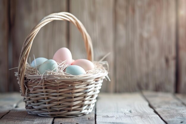 Colorful easter eggs in basket on wooden desk seasonal background for holiday card vintage style