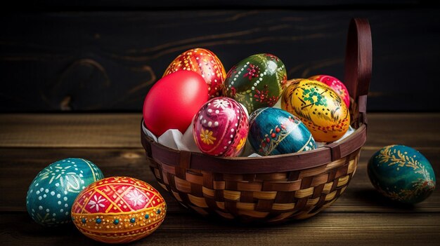 Colorful Easter eggs in a basket on a wooden table