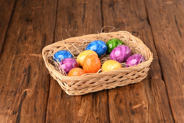 Colorful easter eggs in the basket