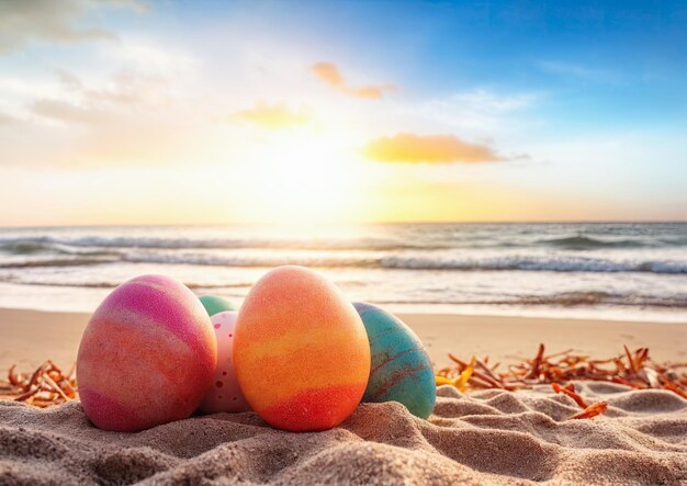 Foto uova di pasqua colorate sulla spiaggia buona pasqua