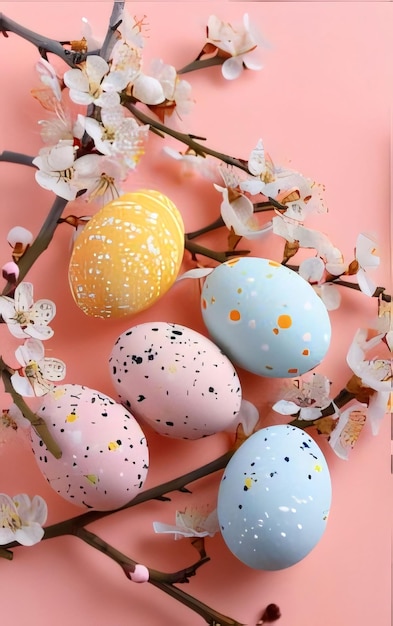 Colorful easter eggs and blooming branches on pink background