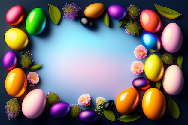 Colorful easter eggs on a blue background with copy space