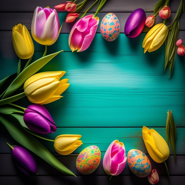 Colorful easter eggs on a blue background with a green background and a place for text.