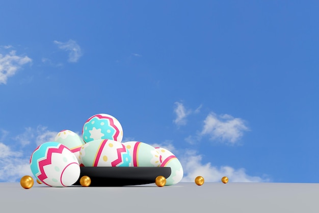 푸른 하늘 배경에 다채로운 부활절 달걀 행복한 부활절 날 개념 3D 그림