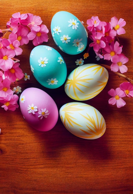 Colorful easter eggs and branch with flowers on wooden desk