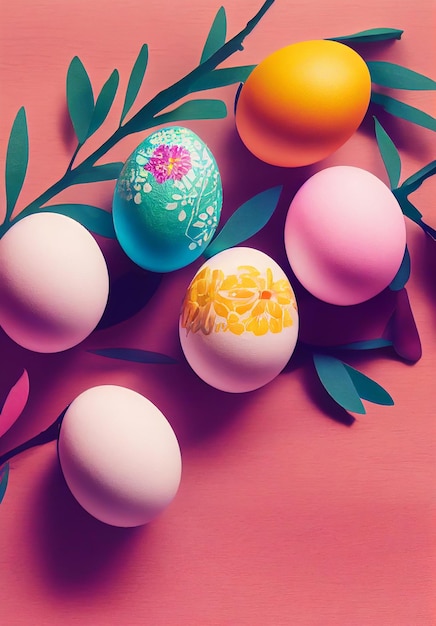 Colorful easter eggs and branch with flowers on wooden desk