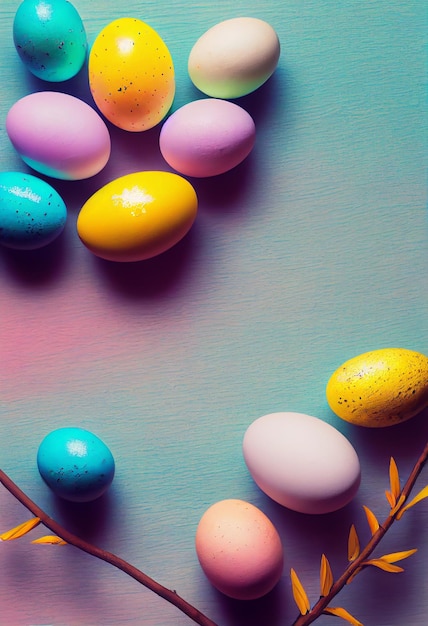 Colorful easter eggs and branch with flowers on wooden desk