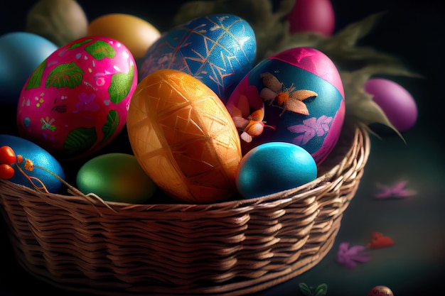 Colorful easter eggs in brown basket with flower Generative Ai