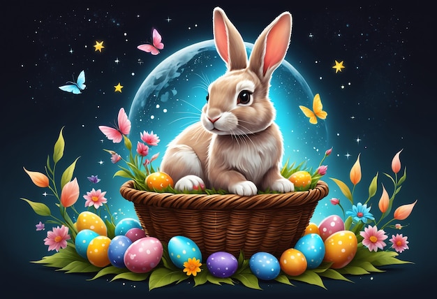 Colorful Easter eggs and bunny into basket Generative AI