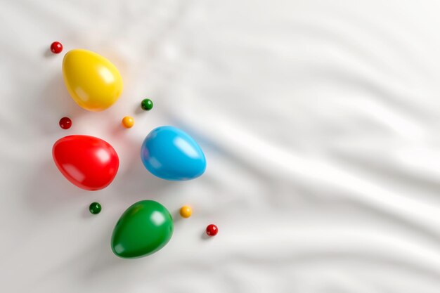 Colorful easter eggs and candy ball on white fabric background