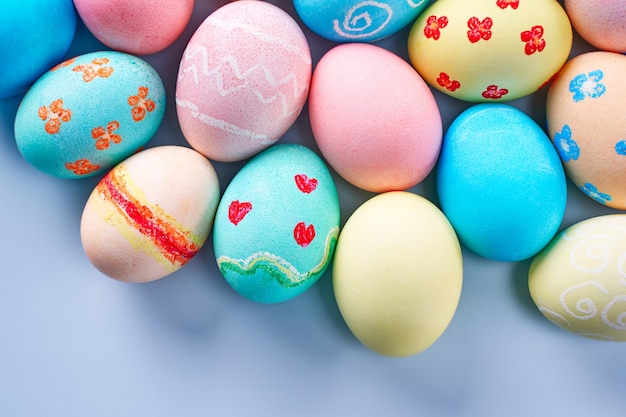 Colorful Easter eggs dyed by colored water with beautiful patter