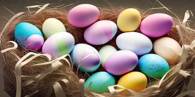 Красочные пасхальные яйца Пасхальный баннер красочные раскрашенные пасхальные яйца в корзине Минимальная концепция Открытка с копией пространства Пасхальный фон