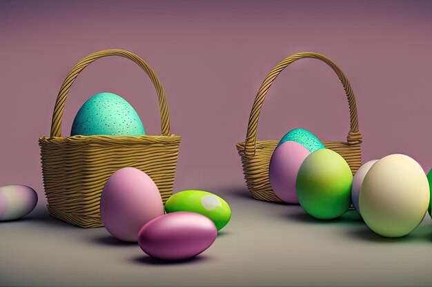 Colorful Easter eggs Easter banner colorful painted Easter eggs in a basket Minimal concept Card with copy space Easter background