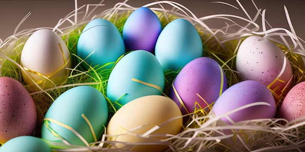 Colorful Easter eggs Easter banner colorful painted eggs Easter eggs in a basket Minimal concept Easter background