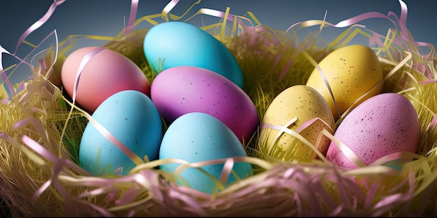 Colorful Easter eggs Easter banner colorful painted eggs Easter eggs in a basket Minimal concept Easter background