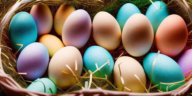 Colorful easter eggs easter banner colorful painted eggs easter eggs in a basket minimal concept easter background