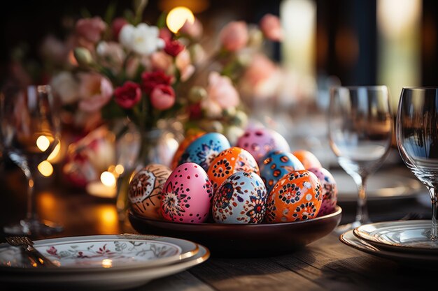 Colorful Easter eggs on Easter dinner table