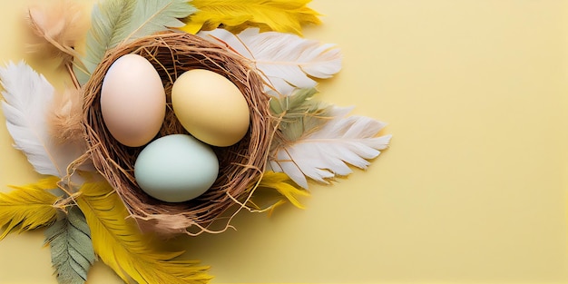 Colorful Easter eggs feathers in a nest on a wooden background Banner or Poster The minimal concept